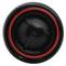 En rund, svart högtalare med röd kant.