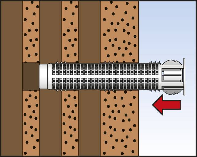 Illustration av en plugg monterad i en vägg. Bruna skikt på vänster sida och prickade skikt på höger sida.