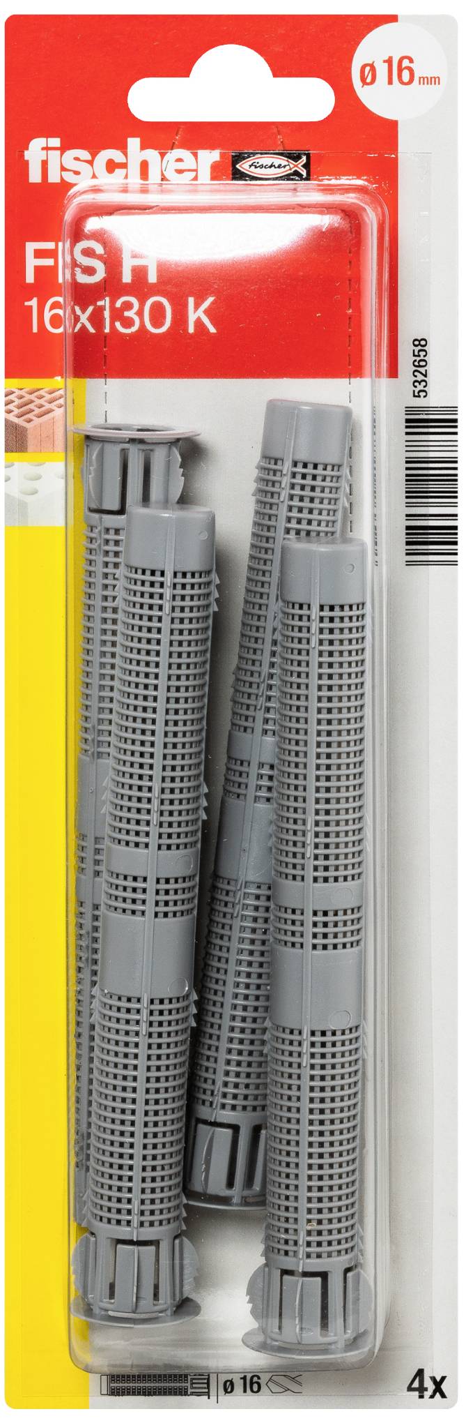 Förpackning med fyra grå plastplugg från märket Fischer, modell FIS H, storlek 16x130 K, lämpliga för 16 mm borrhål.