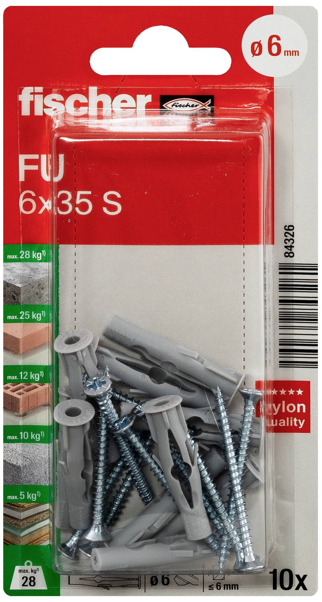 Paket med grå pluggar och metallskruvar, märke Fischer, modell FU 6x35 S, lämplig för olika material och belastbar upp till 28 kg.