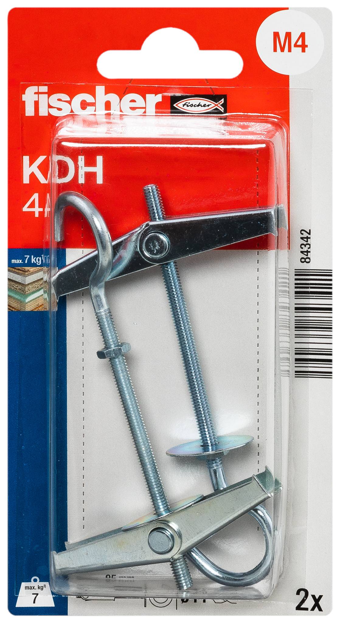 Paket med två Fischer KDH 4 M4 metallvippankare för håliga väggar, visade i blisterförpackning.