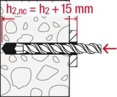 Diagram över ett borrhål genom en betongvägg med markering: h2,nc = h2 + 15 mm, visar borrets förlängningslinje.