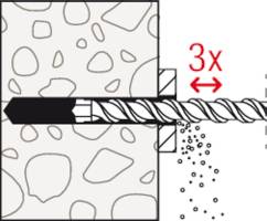 Borrprocess: Borren borrar genom materialet, borrhål 3 gånger längre än diametern. Diagrammet visar materialskikt och borrens rörelse.