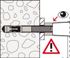 Borrankare monterat i vägg. En ögon-ikon med röd pil pekar på ankaret. Röd varningssymbol.