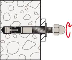 Diagram över ett expanderande betongankarbult med gänga, mutter och en pil som visar en rotationsrörelse.