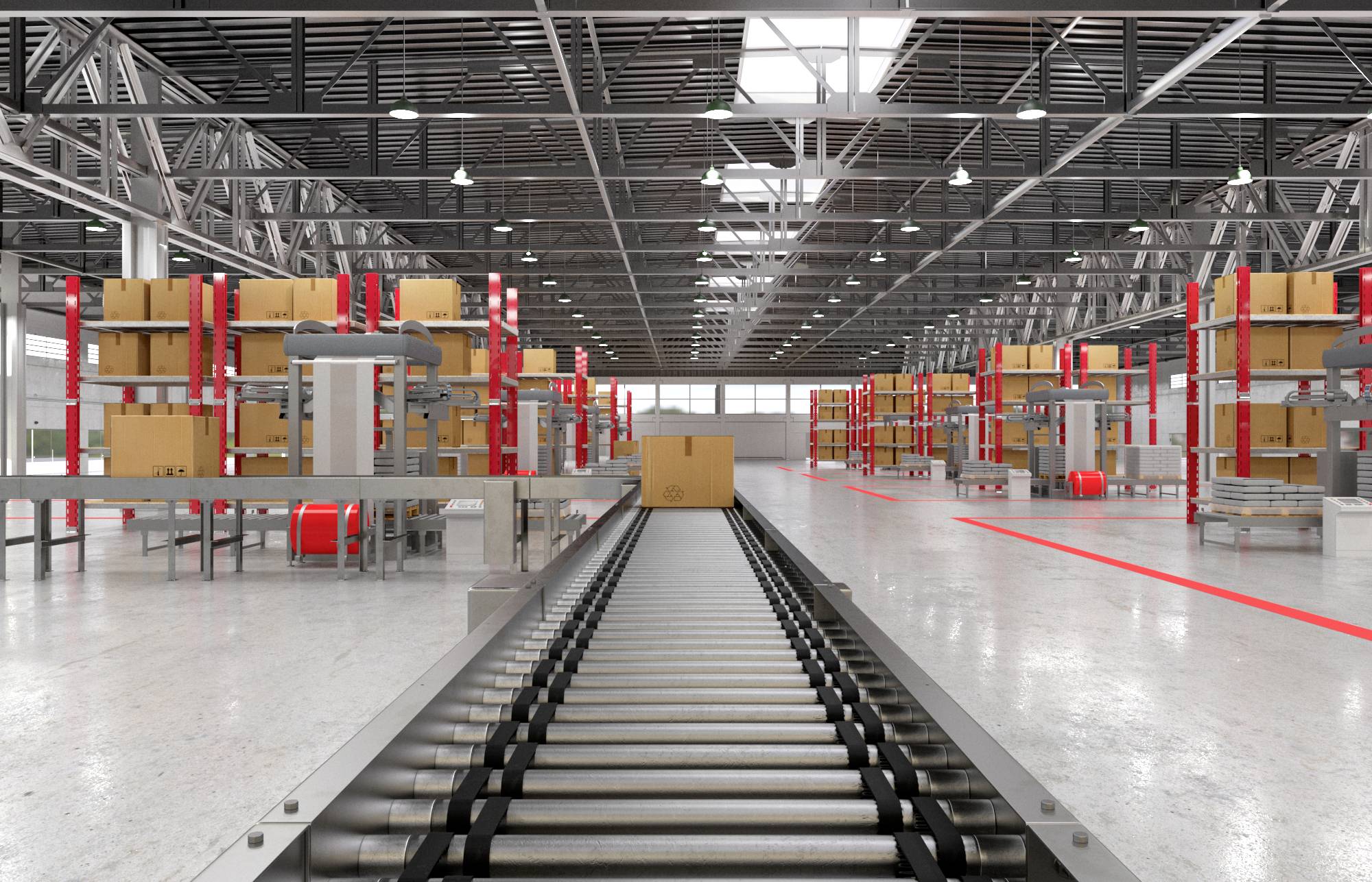 Ett stort, modernt lager med ett transportband i mitten, omgivet av höga hyllor med kartonger och industriell belysning.