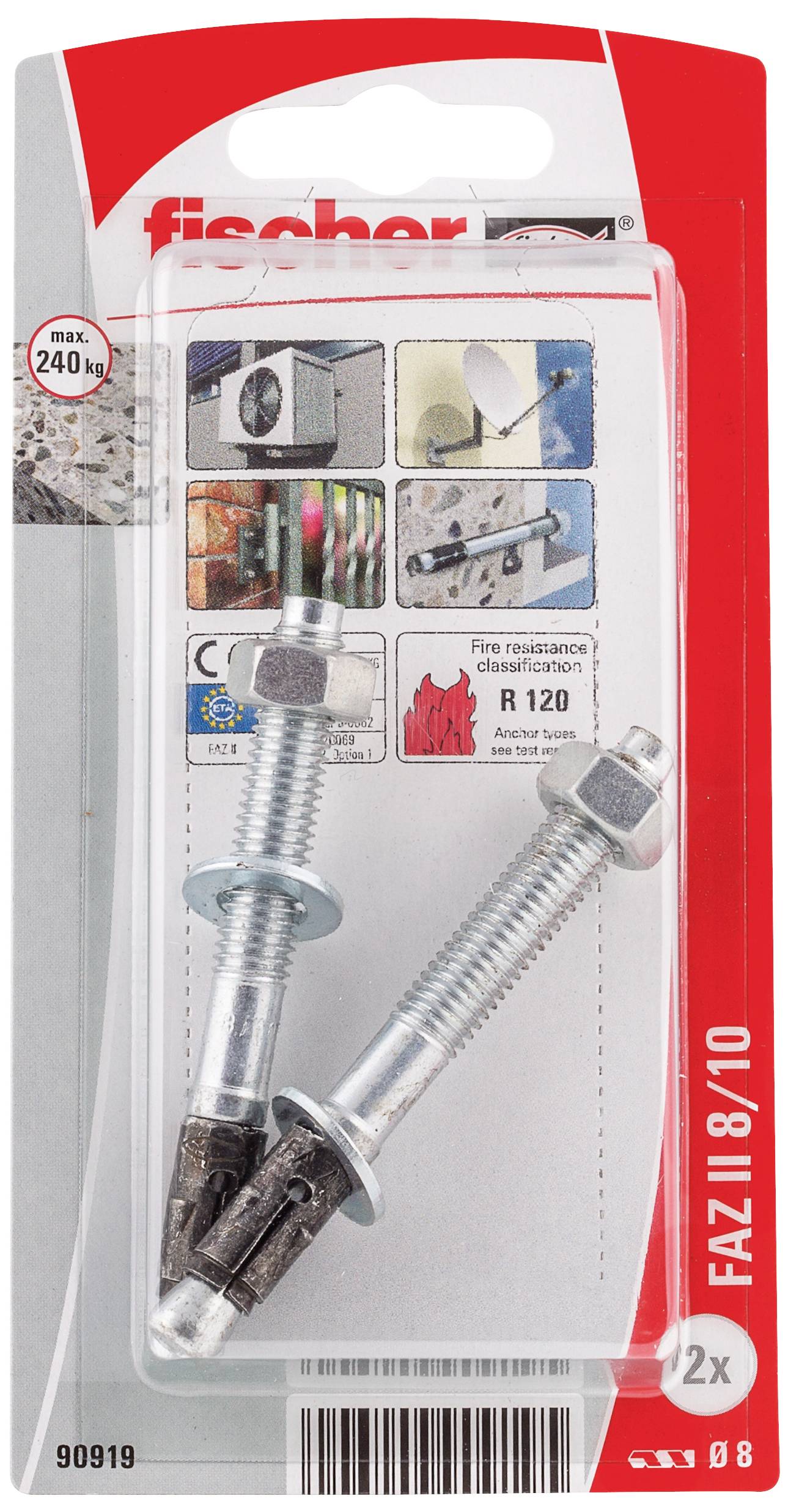 Två Fischer tunga förankringsankare FAZ II med metallmutter i blisterförpackning. Lämpliga för höga laster upp till 240 kg och brandskyddsklass R 120.