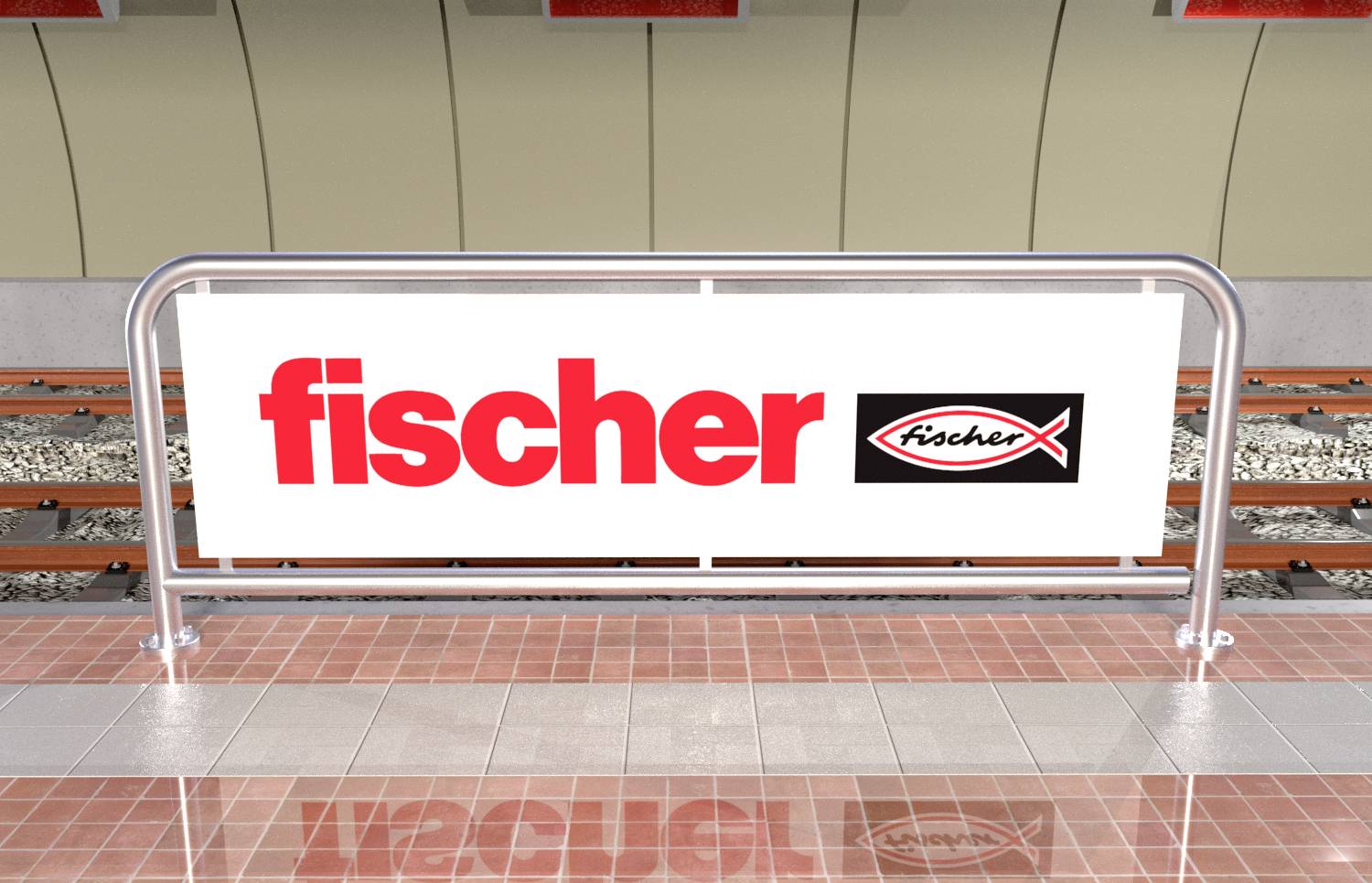 En reklamaffisch i en tunnelbanestation med det röda ordet 'fischer' och en fisklogotyp bredvid.
