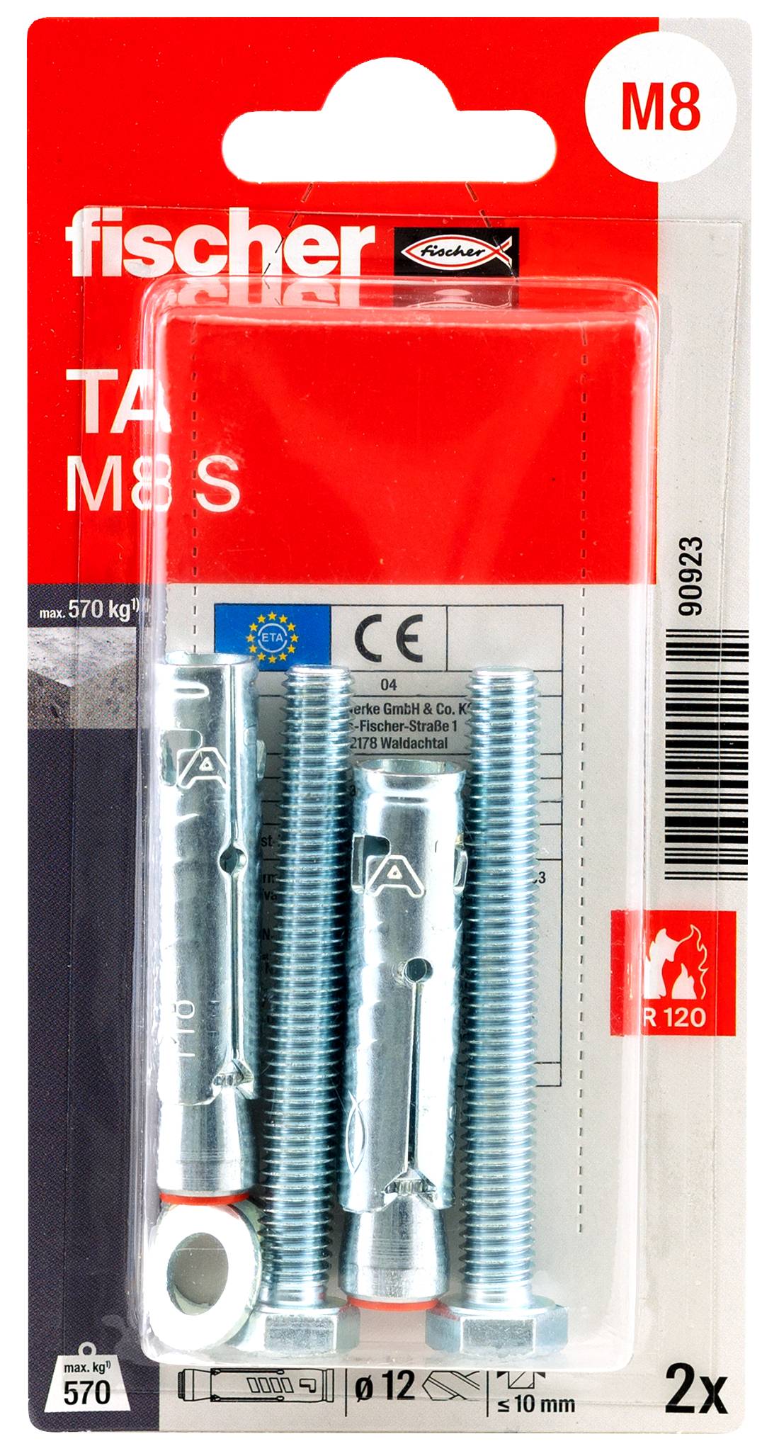 Fischer M8 S metallexpansionsankare i röd och transparent förpackning, med två ankare, bultar och brickor för tung väggmontering.