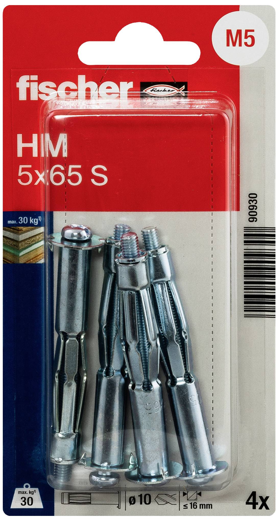 Förpackning med fyra fischer HM 5x65 S hålrumsdymlingar, M5-storlek, lämplig för gipsskiveväggar. Belastningsbar upp till 30 kg.
