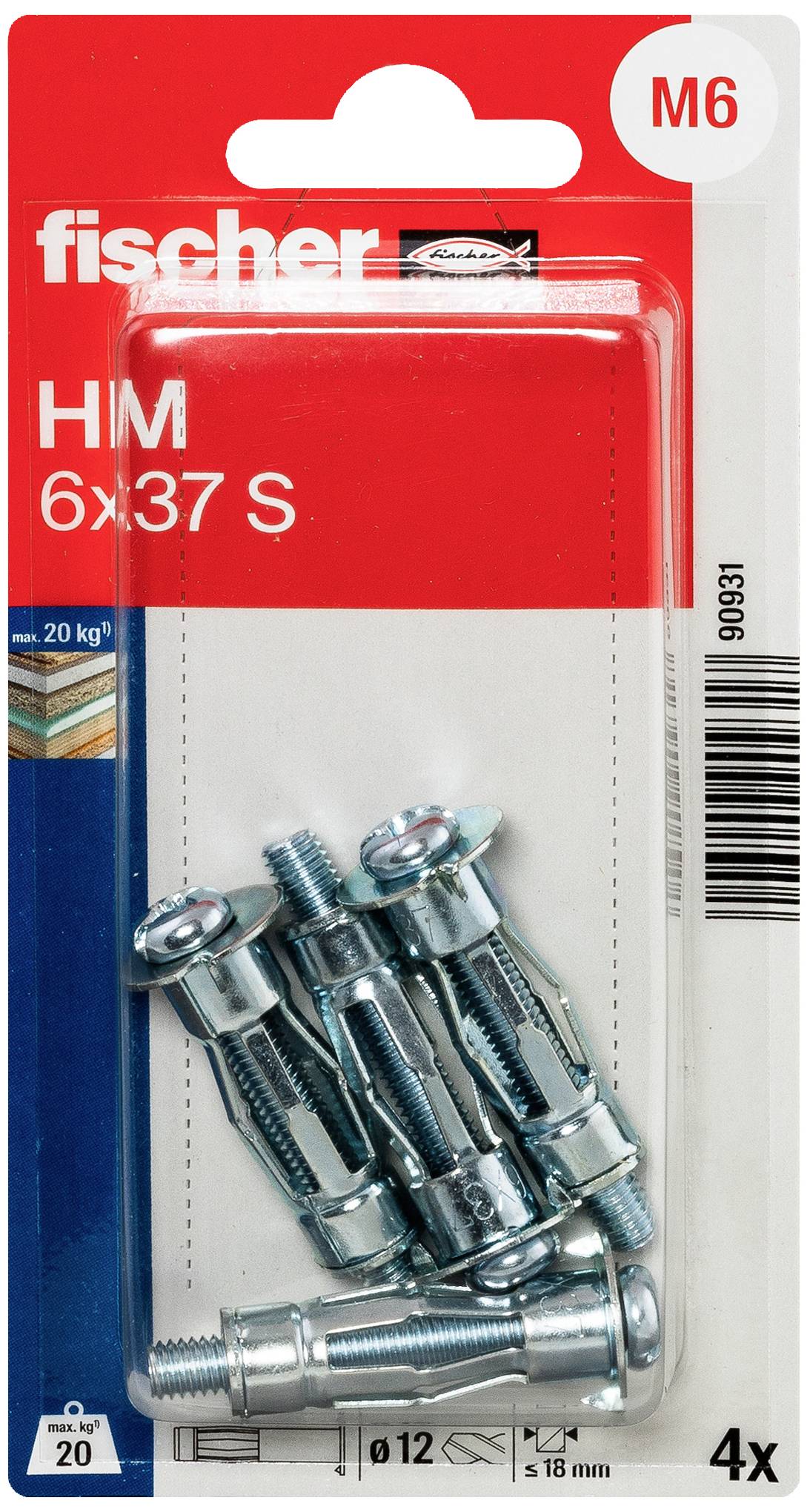 Förpackning med Fischer HM-pluggar, M6-storlek, 6x37 mm dimensioner, 4 stycken. Innehåller metallhylsankare, lämpliga för hållfasta infästningar.
