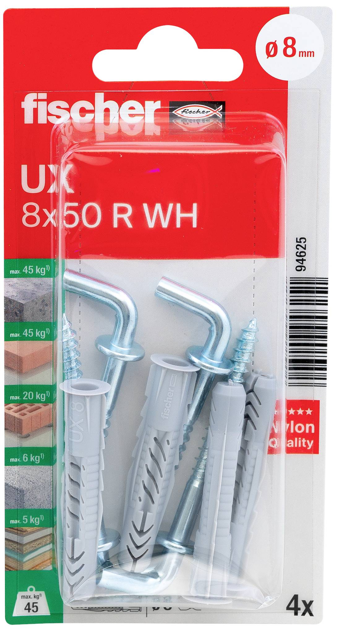 Förpackning med fyra Fischer UX 8x50 R WH universalplugg inklusive skruvar, lämpliga för olika material, hållfasthet upp till 45 kg.