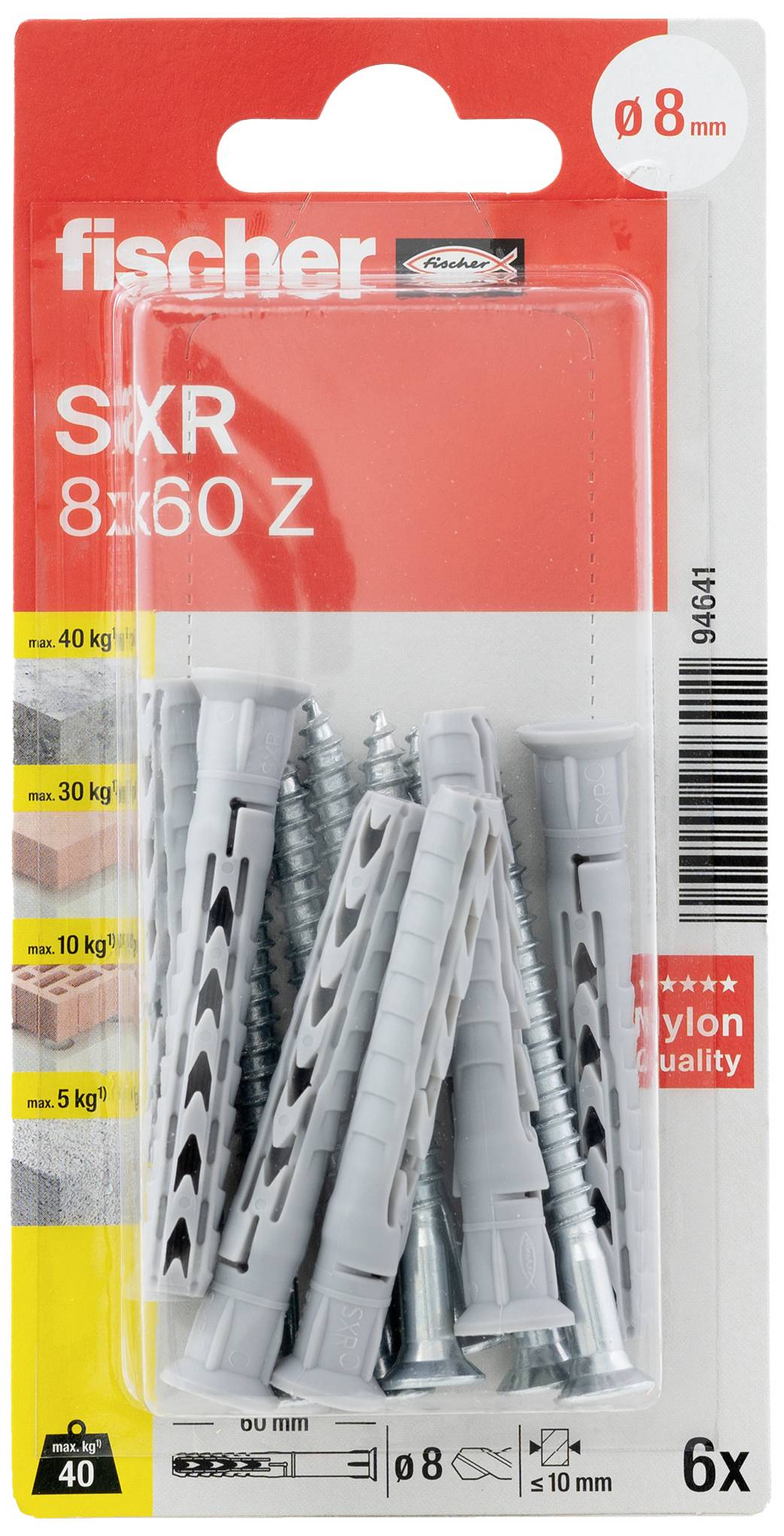 Förpackning med grå pluggar och skruvar från märket Fischer, storlek 8x60mm, för belastningar upp till 40kg på väggar och 5kg i tak.