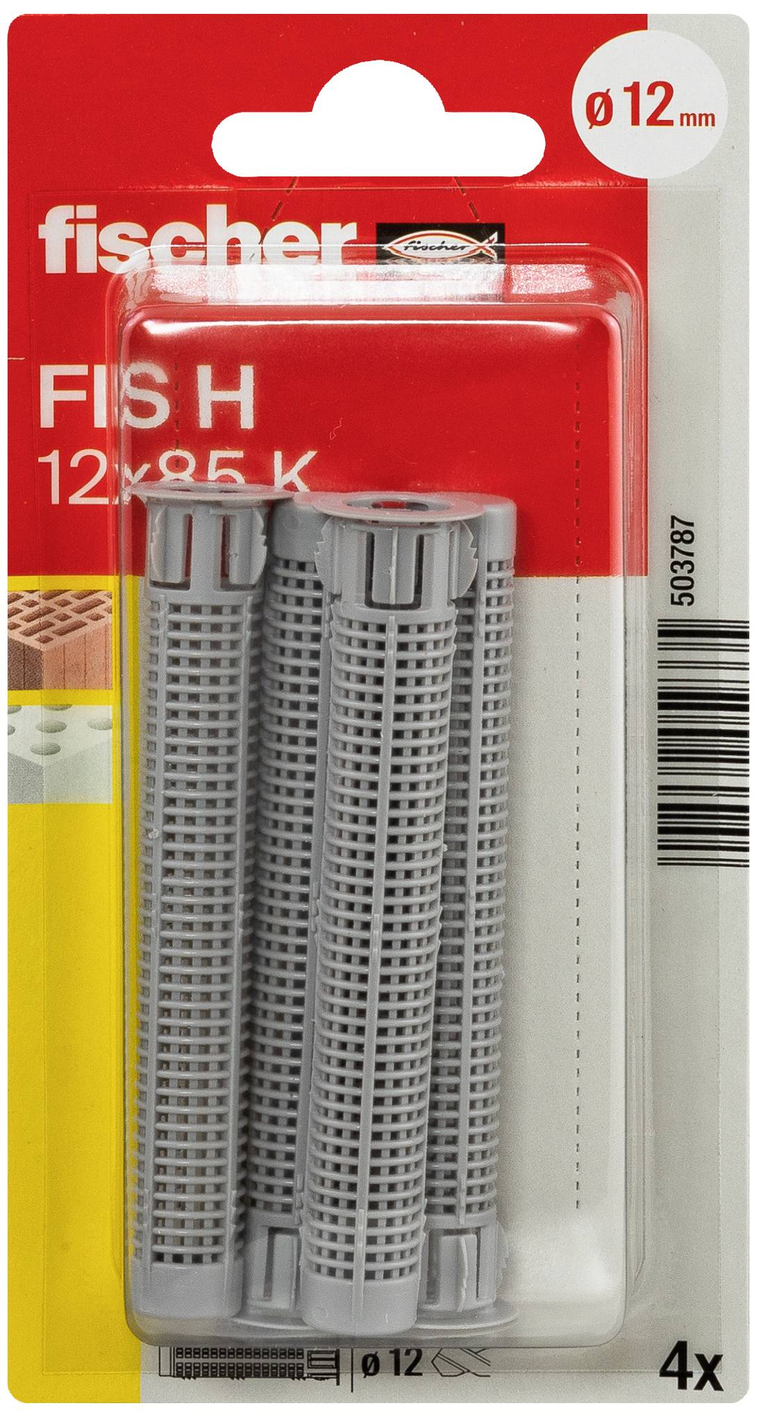 Grå pluggar från 'fischer' i blisterförpackning, storlek 12 mm, 4 stycken. Förpackning i rött och vitt, informerar om produktdetaljer.