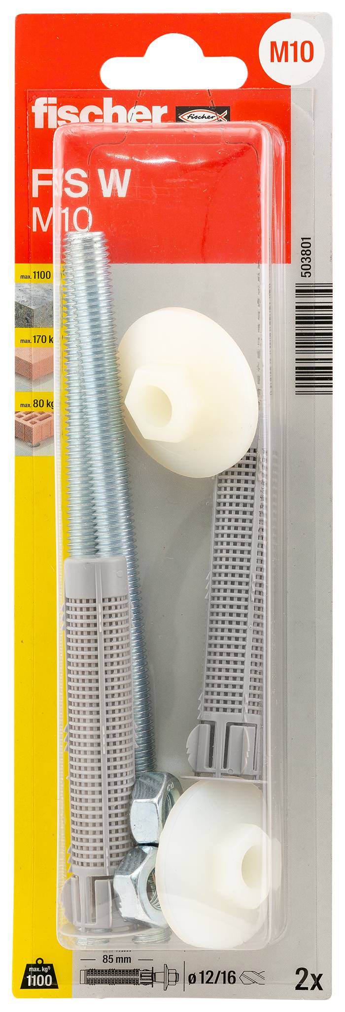 Förpackning av Fischer FW M10-expansionsankare med metallgängade stänger och vita plastmanschetter, märkta "FW M10" och "2x".