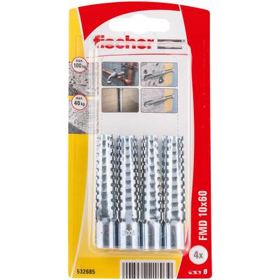 Paket Fischer FMD 10x60 väggankare, visar fyra metallankare med maxlastikoner på 100 kg och 40 kg.