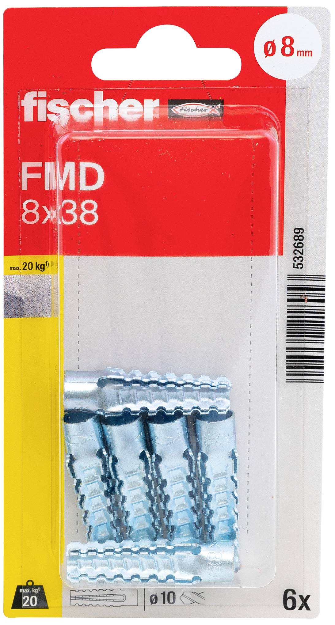 Förpackning med sex blå metallexpandrar från Fischer, modell FMD 8x38, lämplig för borrhål med diameter 8 mm.
