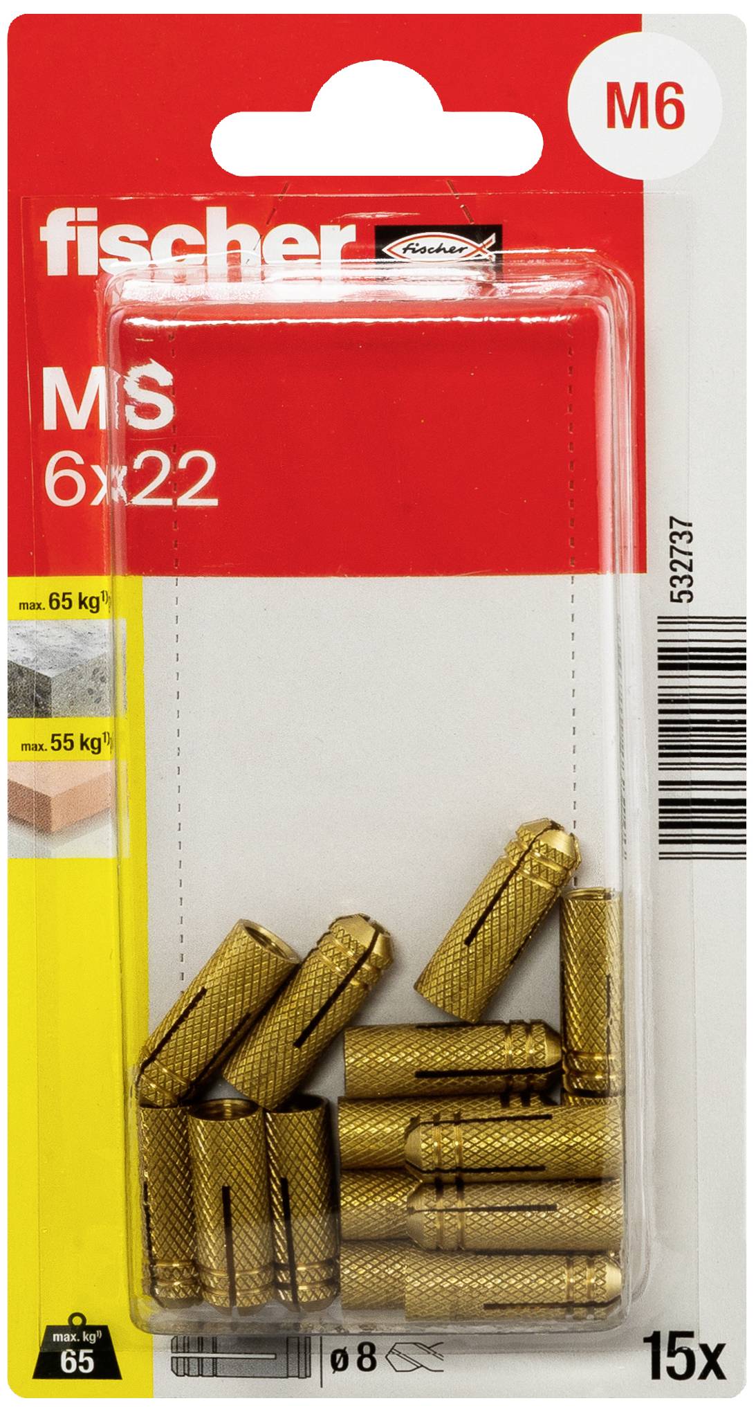 Förpackning med Fischer metallexpanderade skruv/plugg M6 6x22, lämplig för betong och massiv sten, belastningskapacitet upp till 65 kg, innehåller 15 stycken.