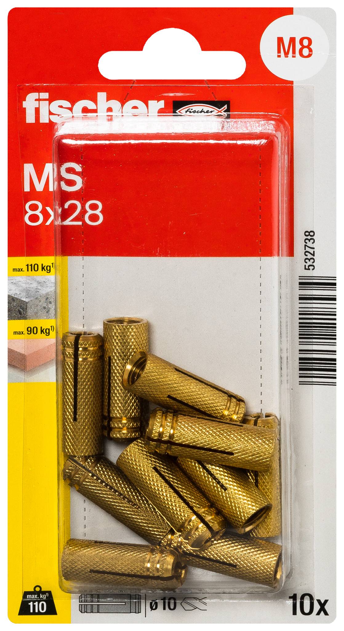 Paket Fischer MS 8x28 M8 metallutbyggnadskärnor, 10 stycken, maximal belastning 110 kg, i röd och gul blisterförpackning.