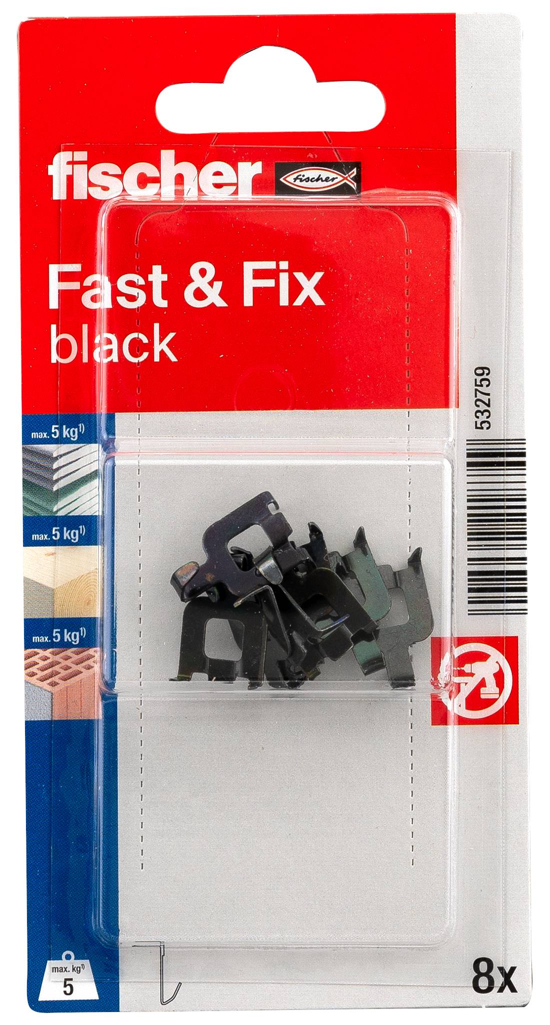 Paket Fischer Fast & Fix svarta väggmonterings-clips, 8 st, för fästing av föremål upp till 5 kg.