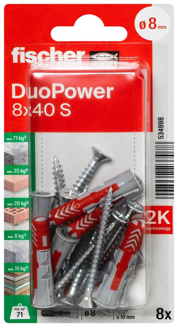 Fischer 534998 DuoPower 8 x 40 S K NV Plugg-set 40 mm 8 mm 1 set