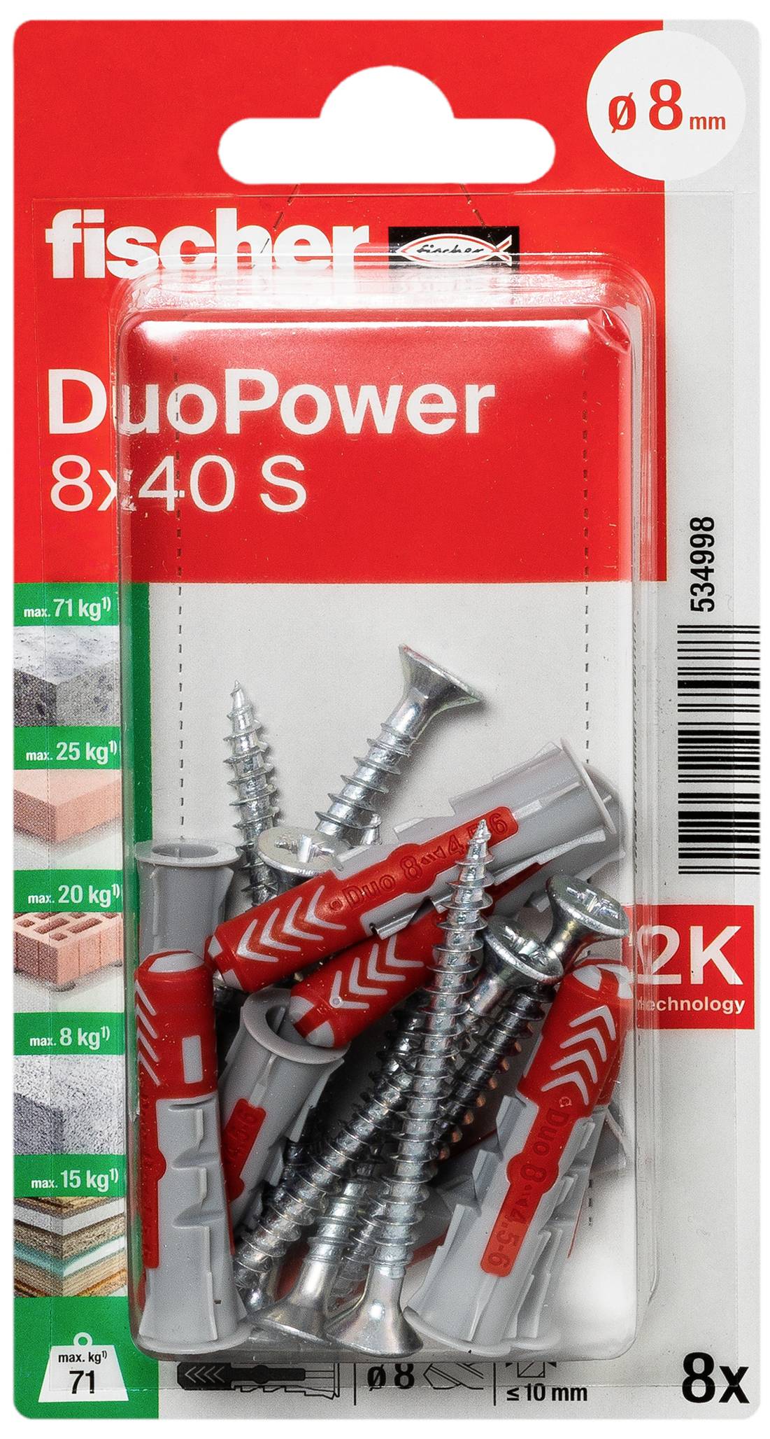 Förpackning med 8 skruvar och pluggar av märket 'fischer' DuoPower 8x40 S. Lämplig för olika material med angivna bärförmågor.