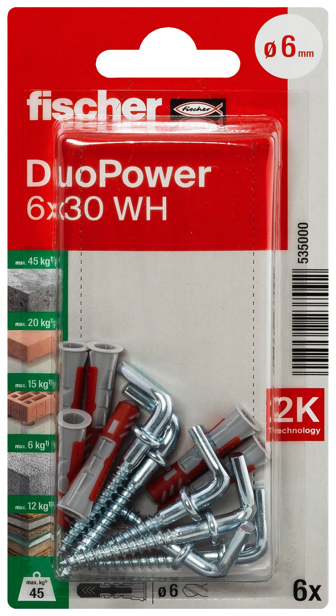 Paket med Fischer DuoPower väggpluggar och skruvar, märkta för 6 mm hål och belastningar upp till 45 kg, med 6 stycken visade.