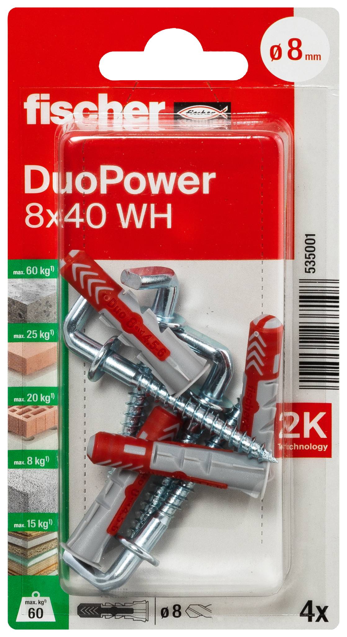 Paket fischer DuoPower 8x40 väggankare, röda och grå, med 4 stycken visade; stöder upp till 60 kg och kräver 8 mm borrhål.