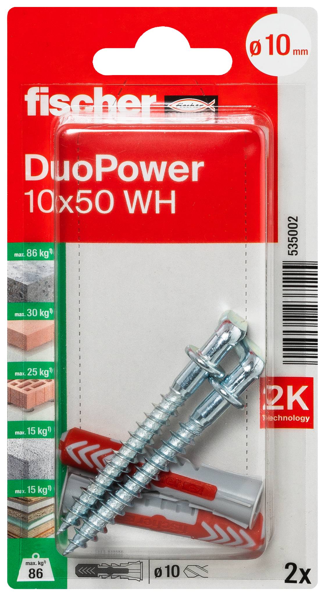 Förpackning för fischer DuoPower väggpluggar, 10x50 WH, med två silverankar och röda skruvar, märkt 'ø10 mm' och '2x'