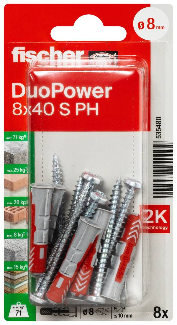 Fischer 535480 DuoPower 8 x 40 S PH K NV Plugg 40 mm 8 mm 1 set