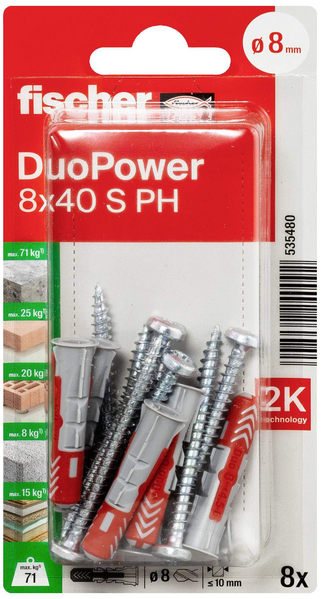 Förpackning med Fischer DuoPower plugg och skruvar, 8x40 mm. Lämplig för betong, tegel och gipsskivor upp till 71 kg belastning.