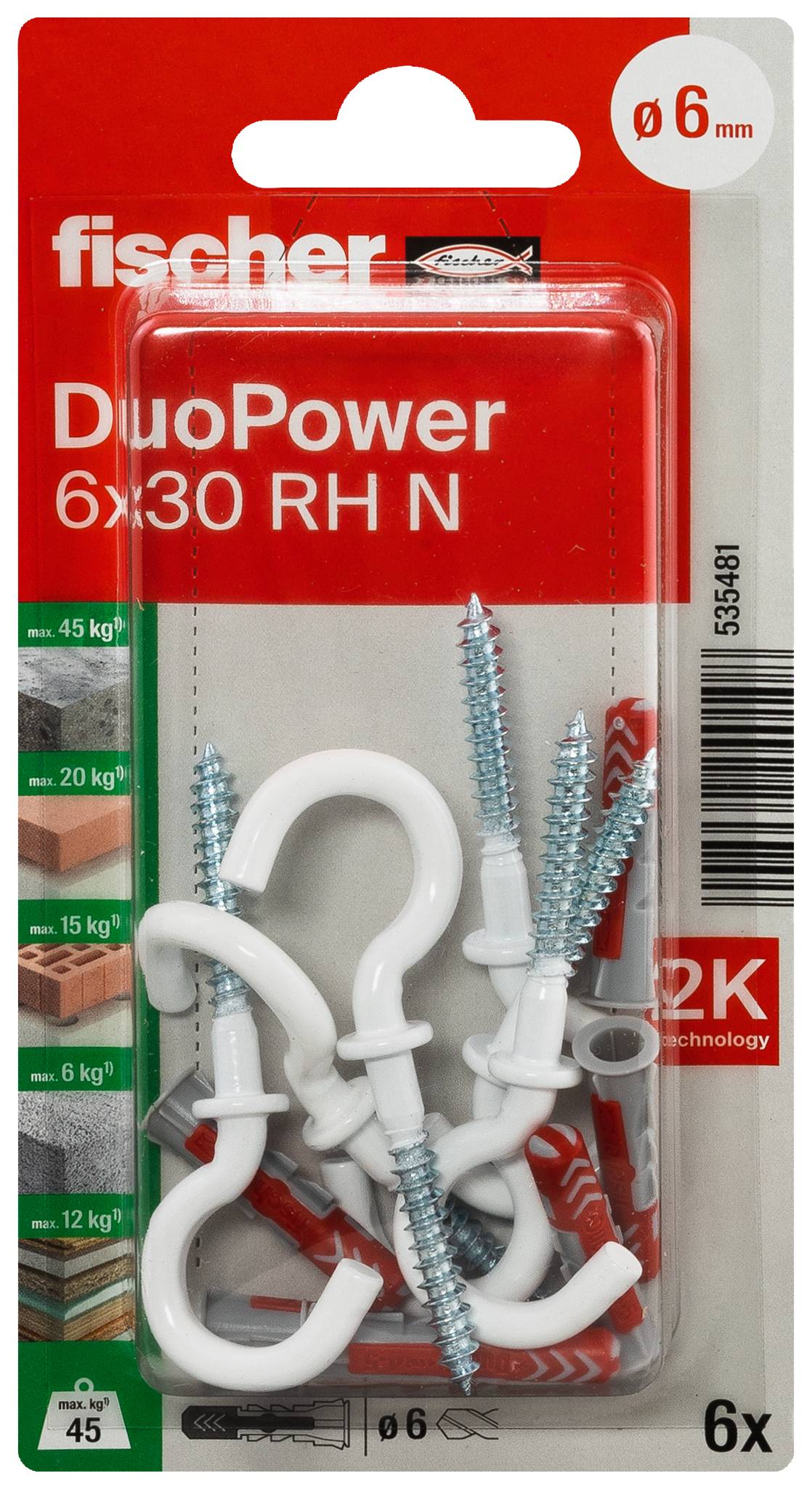 Paket med Fischer DuoPower 6x30 RH N väggpluggars och skruvar, visar 6 stycken, lämplig för 6 mm hål och flera belastningsklassificeringar.