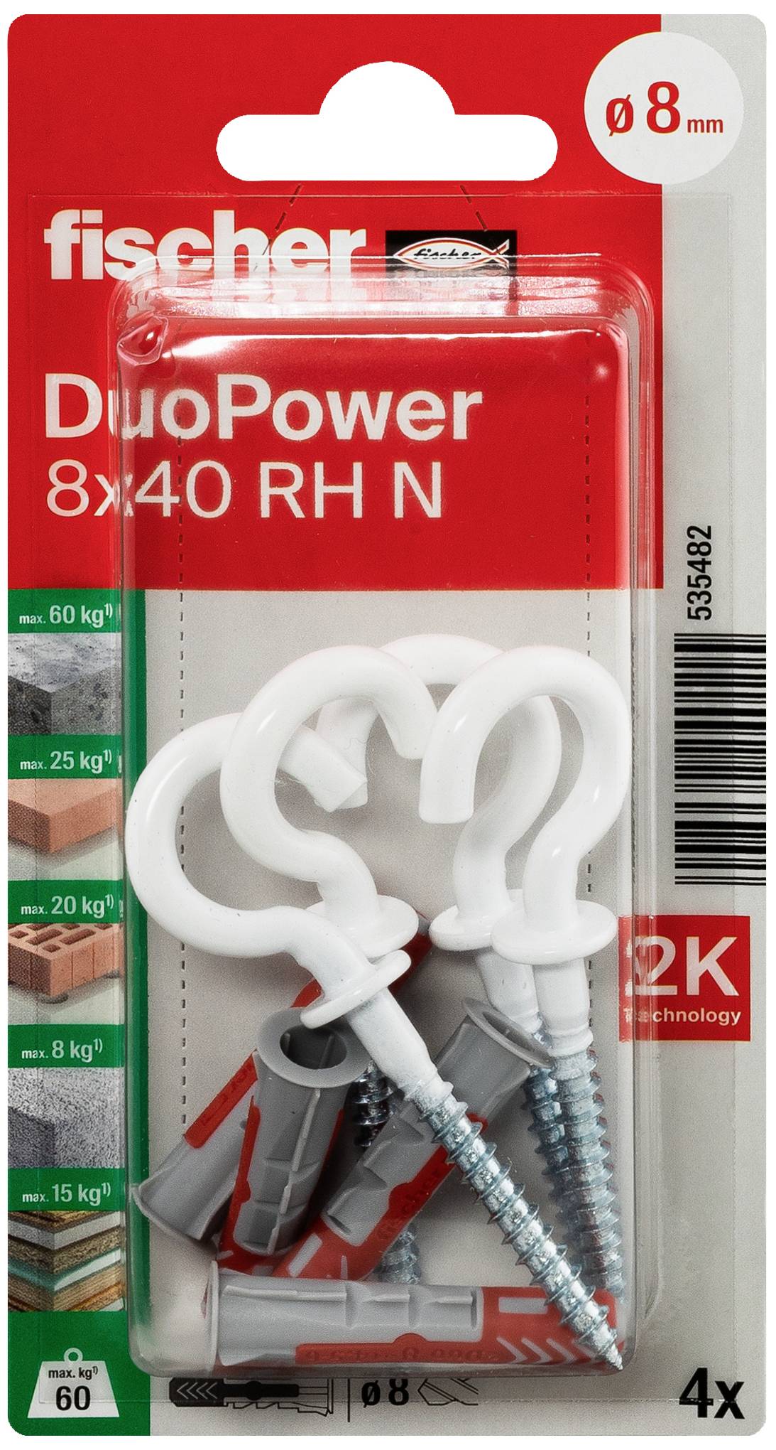 Fischer DuoPower 8x40 RH N Krok- och pluggset, 4 stycken. Lämplig för laster upp till 60 kg på betong, 25 kg på tegel. Innehåller matchande pluggar.