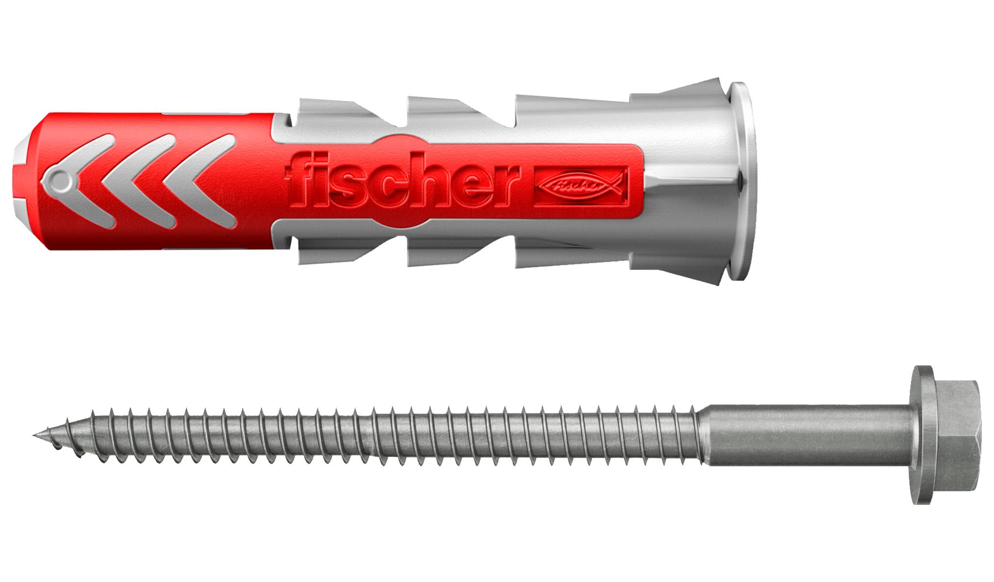 Illustration av ett rött Fischer väggsprund ovanför en lång metallskruv, som visar förankrings- och skruvsystemet för montering.