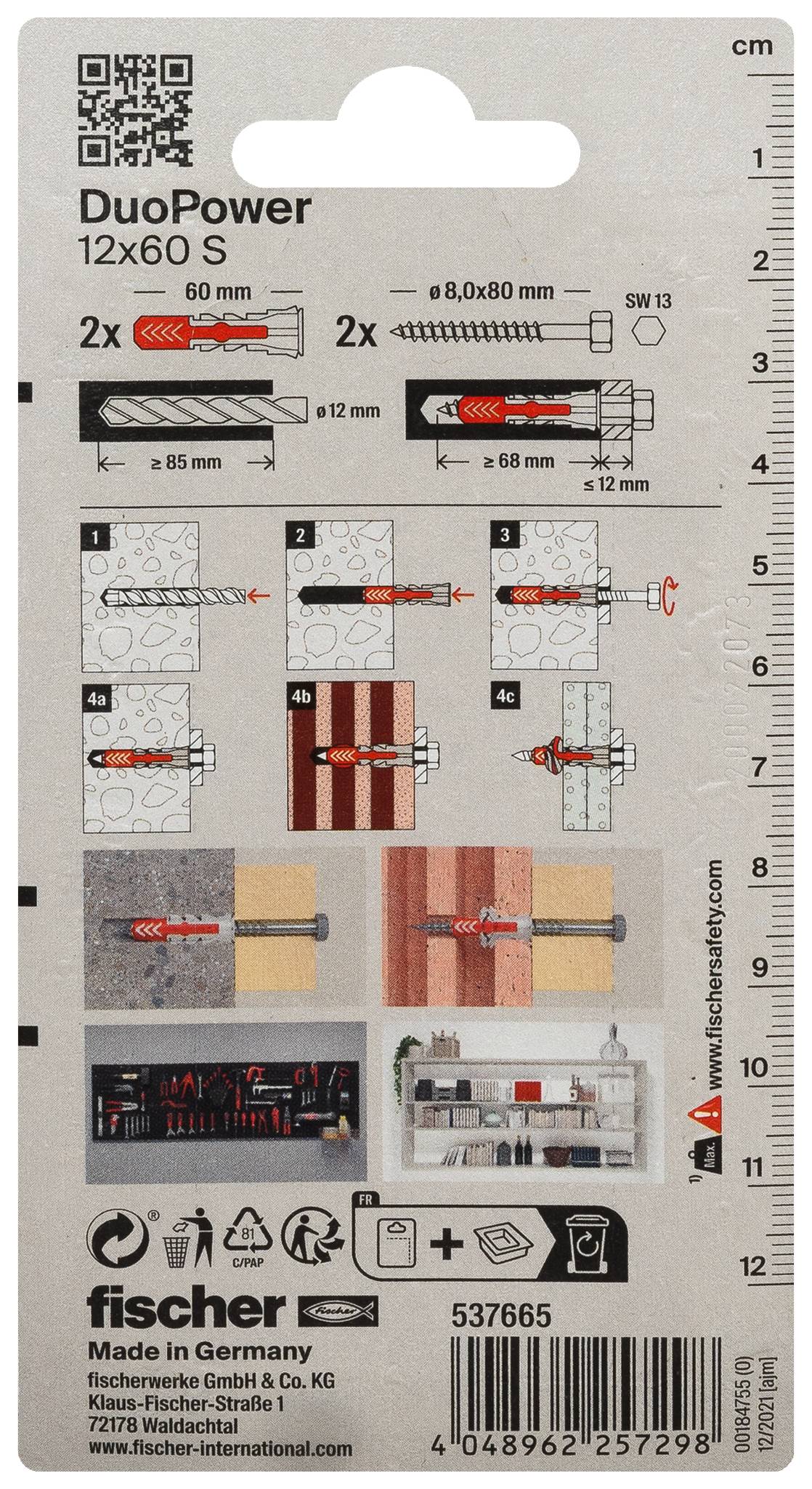 Produktförpackning för Fischer DuoPower 12x60 S väggankare, visar 2 ankare för 8-10 mm hål och installationsdiagram med mätningar i cm.