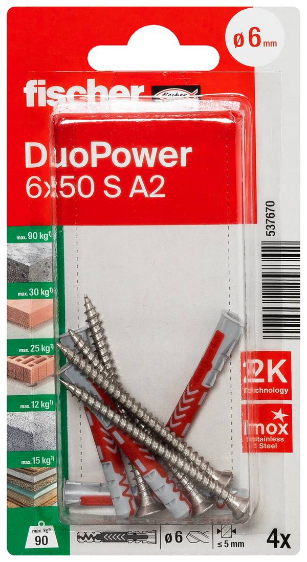 Fischer 537670 DuoPower 6 x 50 S A2 K NV Plugg-set 50 mm 6 mm 1 set