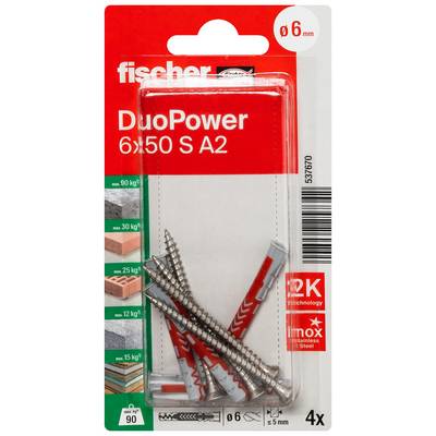 Paket med Fischer DuoPower 6x50 S A2 väggplugg, visar 6 mm ankare och 4 stycken för murverksmontage.