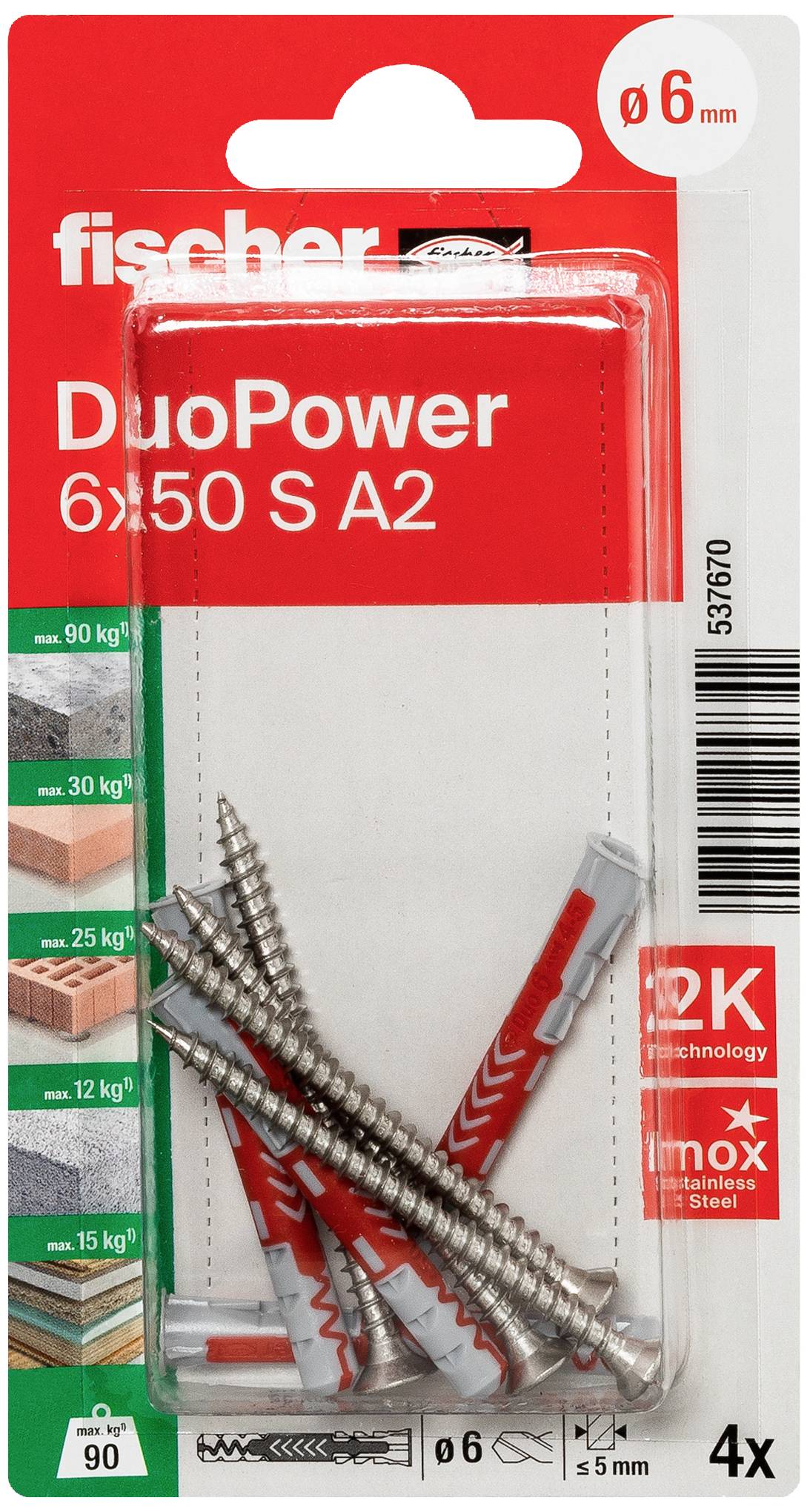 Fischer DuoPower pluggförpackning 6x50 S A2, innehåller 4 plugg och skruvar. Lämplig för olika material, med bärförmågainformation.