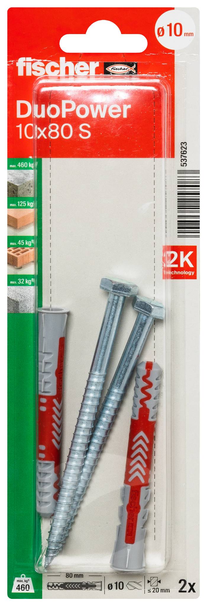 Paket Fischer DuoPower 10x80S väggankare, visar 2 ankare, 2 skruvar och 2K-teknik på röd-och-vit förpackning.