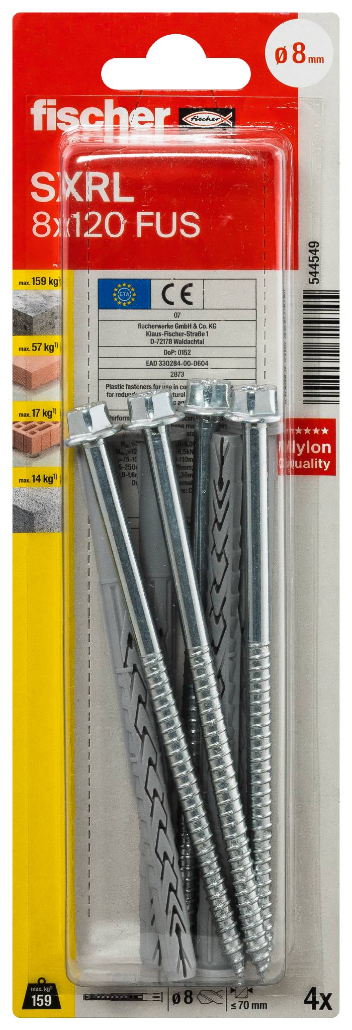 Paket Fischer SXRL 8x120 FUS väggankare, 4-pack, på röd och gul butikspackning med produktdetaljer och storleksmärkning 8 mm.