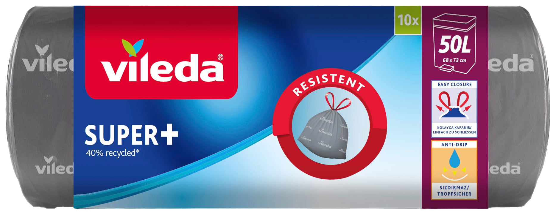 'Vileda Super+' sopsäckar, 50L, 40% återvunnet material, motståndskraftig. 10 säckar per rulle. Lätt att stänga med rivskydd.