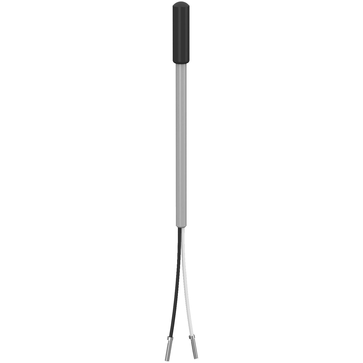 En cylindrisk temperatursensor med en svart kabel och en vit kabel för anslutning.