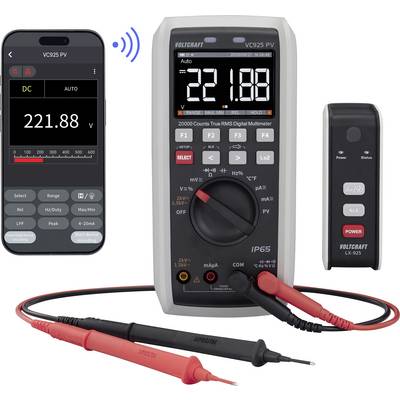 Digital multimeter-kit som visar en Voltcraft VC925 PV-mätare med smartphone-app, Bluetooth-modul och testledningar.