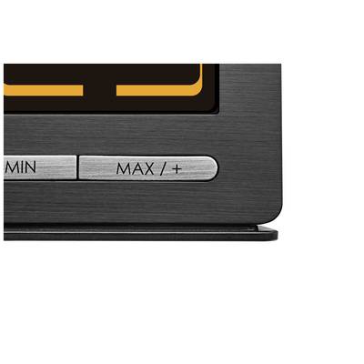 Svart-grå yta på en enhet med två silvriga knappar: 'MIN' och 'MAX/+'.