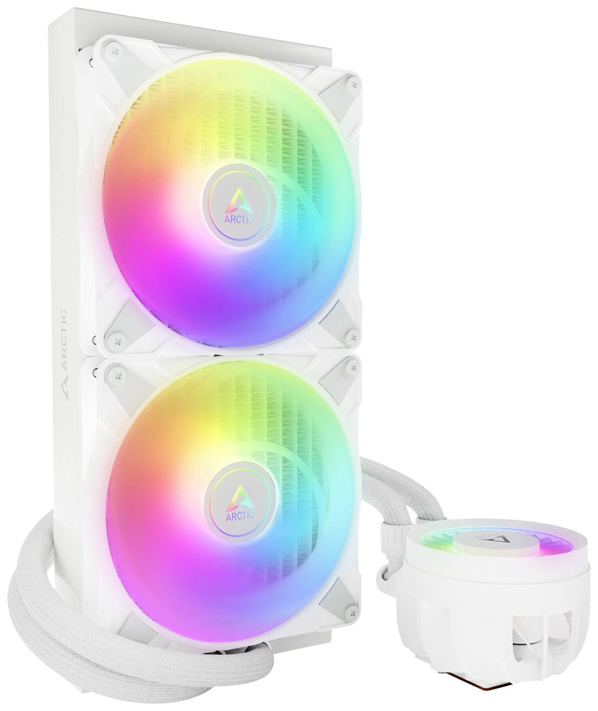 Kylsystem med två belysta fläktar i regnbågens färger, anslutna till ett vitt kylblock och slangar.