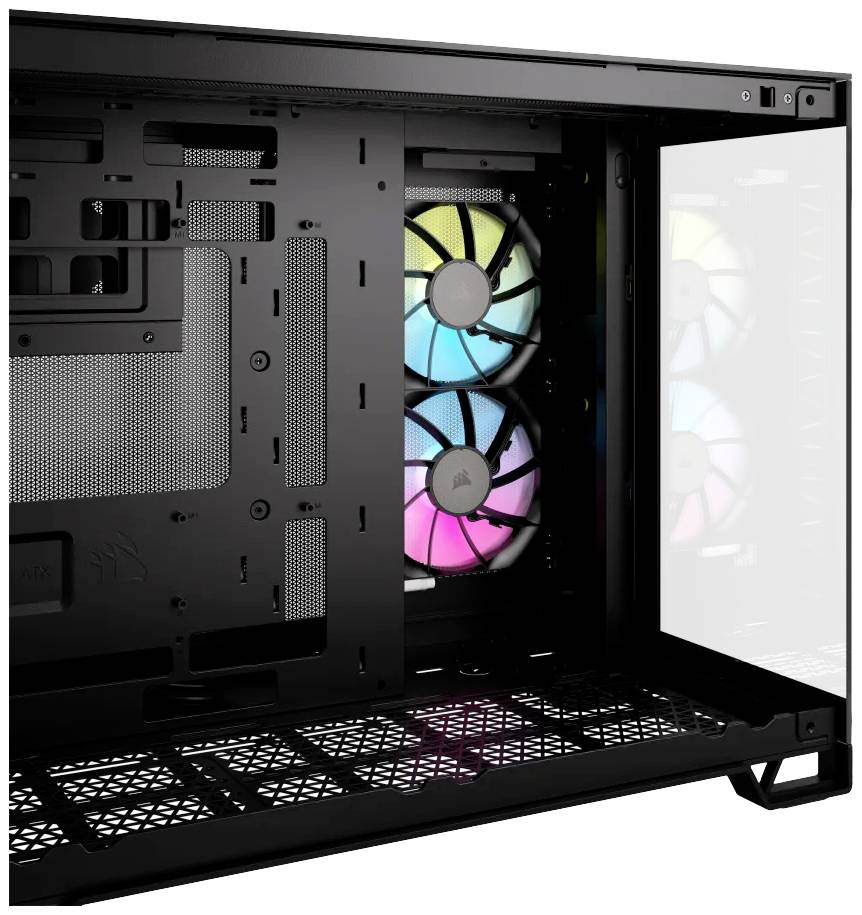 Svart PC-hölje med genomskinlig sidopanel, visar två inbyggda fläktar med RGB-belysning i blått, rosa och gult.