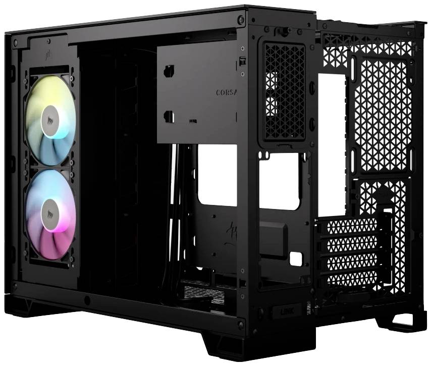 Svart PC-hölje med två inbyggda, lysande fläktar. Höljet är öppet och utan installerade komponenter.