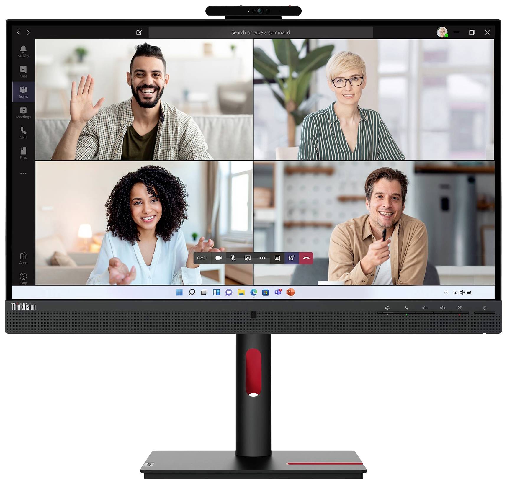 Fyra personer på en skärm i ett virtuellt möte, de ler och vinkar. De använder en videokonferensplattform.