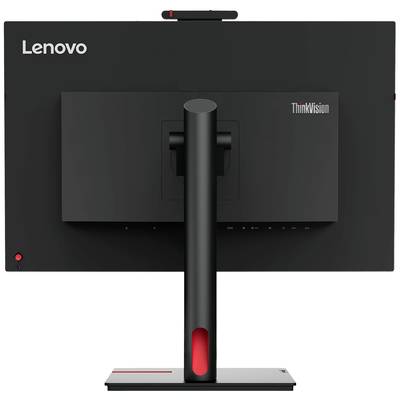 Baksidan av en Lenovo ThinkVision-skärm med svart hölje, röd accent på foten och synliga varumärkeslogotyper.