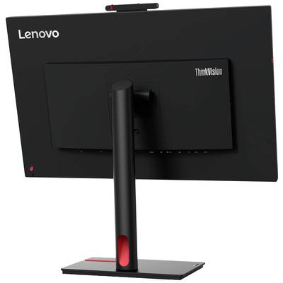 En svart Lenovo ThinkVision-skärm med röd accent, visad bakifrån, står på ett justerbart stativ.